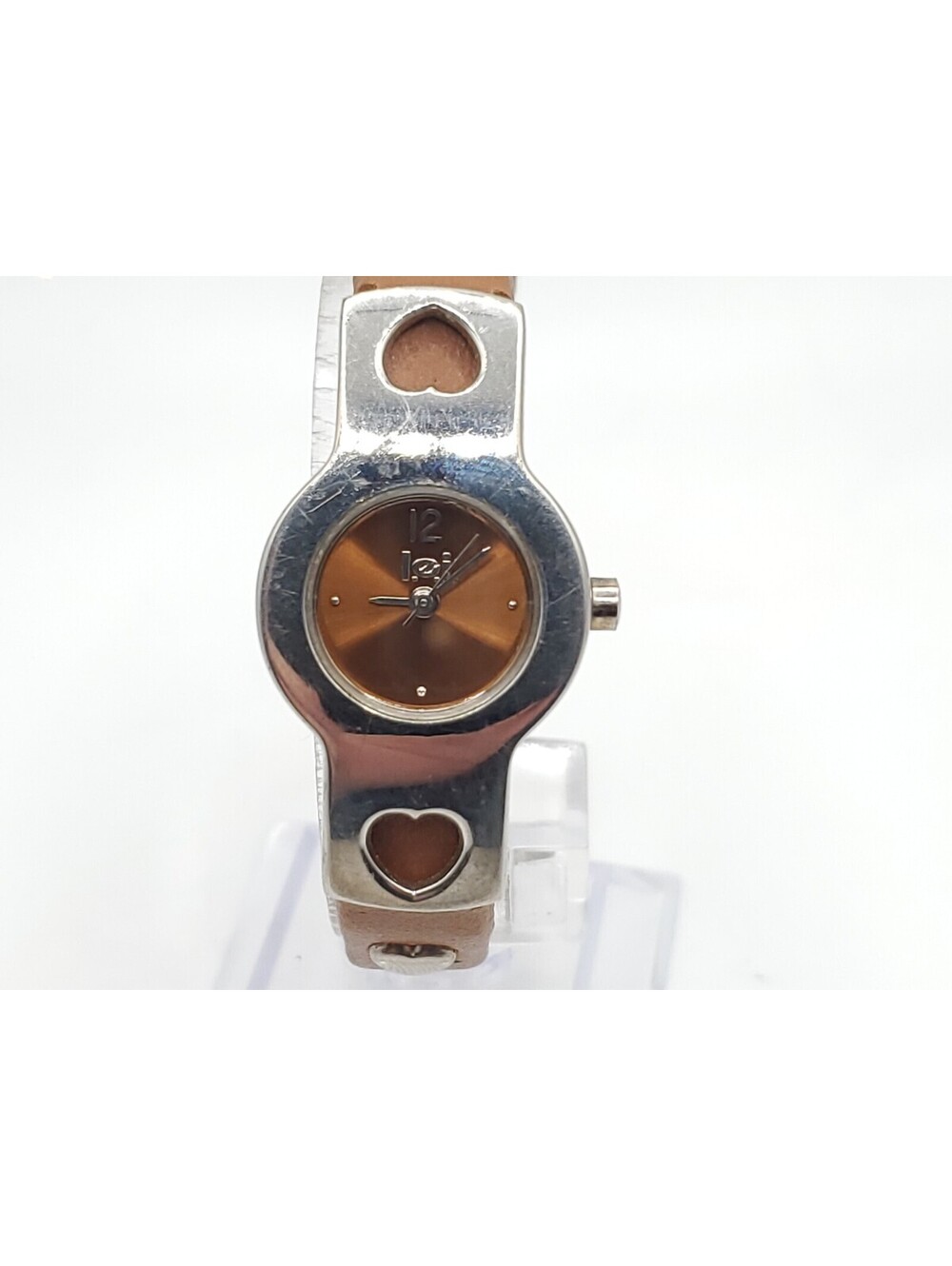 Lei Heart Band Quartz Womens Watch New Battery Silver Tone/Brown 20mm